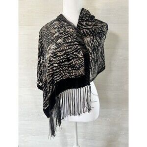 Flair Silk Rayon Scarf Black and Tan Velvet Stripped  and Tassels.